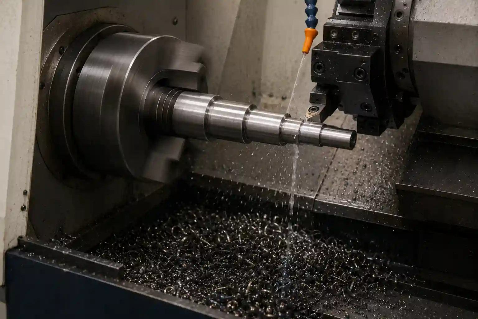 Soft machining process showing CNC turning of a steel stepped shaft before heat treatment