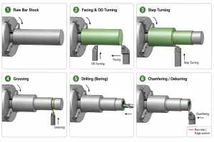 Soft machining process diagram showing a stepped shaft formed from raw bar stock before final finishing