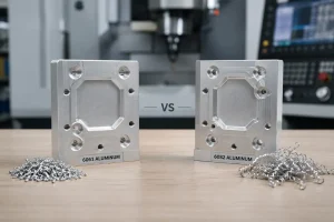 6061 vs 6082 aluminum CNC machining comparison with machined parts and metal chips