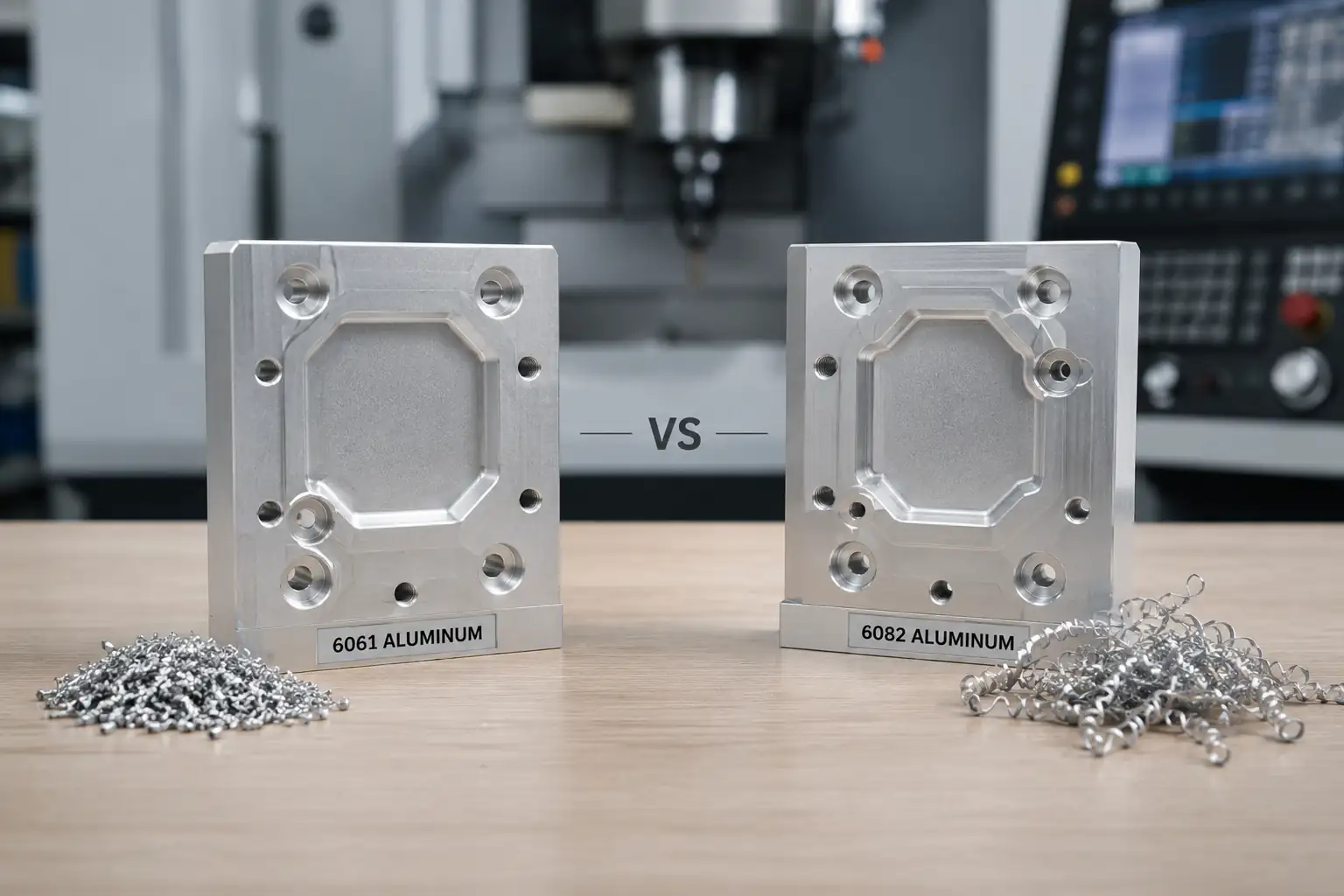 6061 vs 6082 aluminum CNC machining comparison with machined parts and metal chips