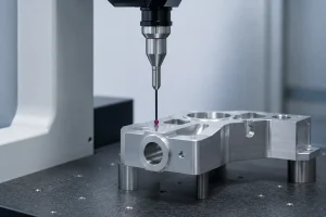 CMM probe inspecting a precision machined aluminum part on a granite table
