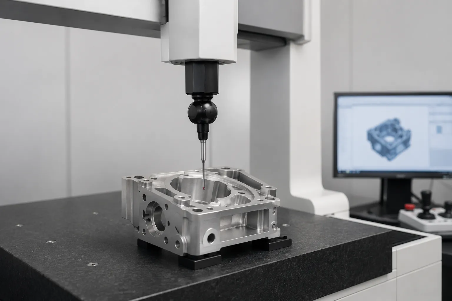 Coordinate measuring machine inspecting a precision machined aluminum part