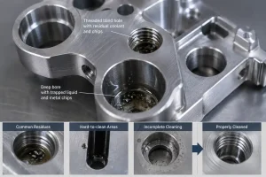 CNC machined part showing residual coolant and metal chips in blind holes and deep bores