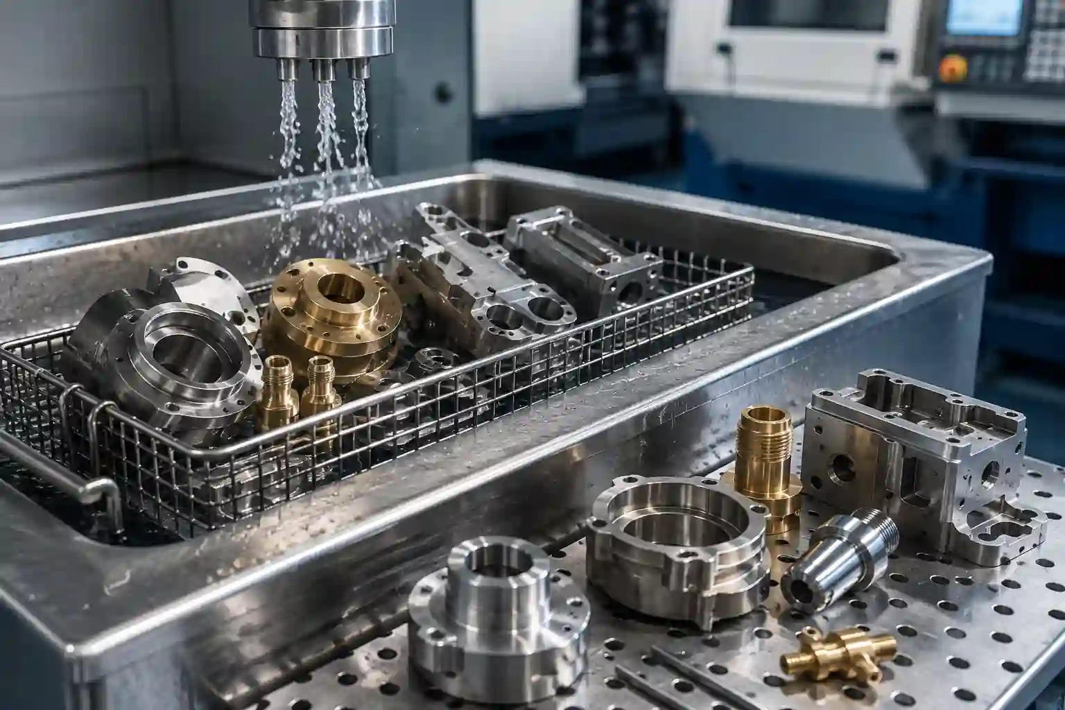 CNC machined parts cleaning with ultrasonic washing and rinsing