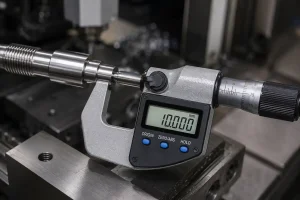 Digital micrometer measuring a precision CNC machined shaft