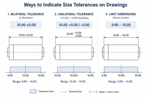 Bilateral, unilateral, and limit dimension tolerance notation on engineering drawings