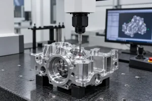A coordinate measuring machine uses a touch probe to inspect the bores, dimensions, and geometric features of a precision CNC-machined housing in a metrology lab.