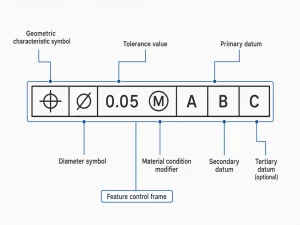 GD&T feature control frame showing tolerance value, modifier, and datum references