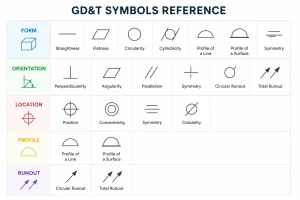 GD&T symbols reference chart showing geometric tolerance categories
