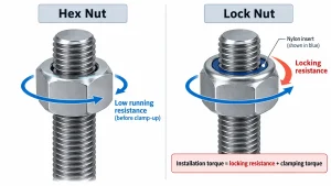 Installation torque comparison between a hex nut and a lock nut