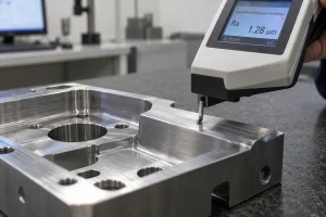 Surface roughness tester measuring a CNC machined metal surface